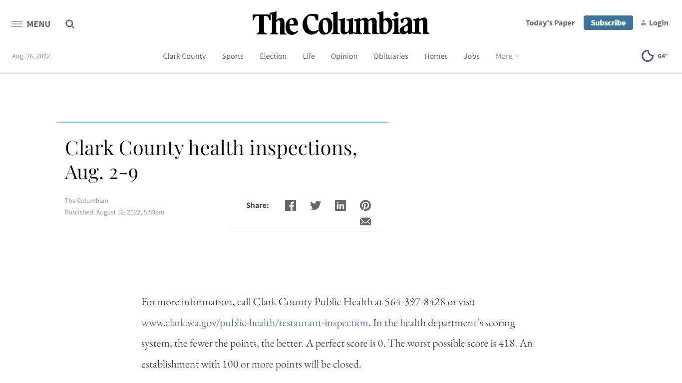 Clark County health inspections, Aug. 2-9 - The Columbian